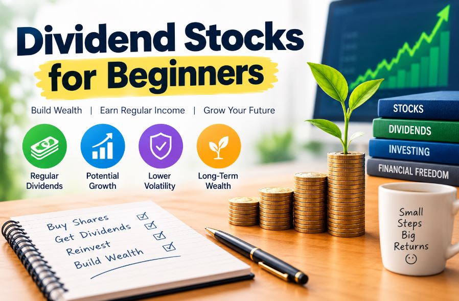Illustration of a plant growing coins beside an upward chart, representing dividend stocks for beginners