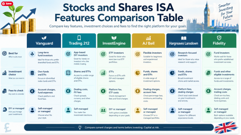 Stocks and Shares ISA features comparison table for Vanguard, Trading 212