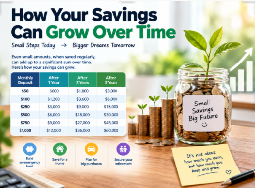 How your savings can grow over time with monthly deposits, savings goals, and a five-year savings growth chart.