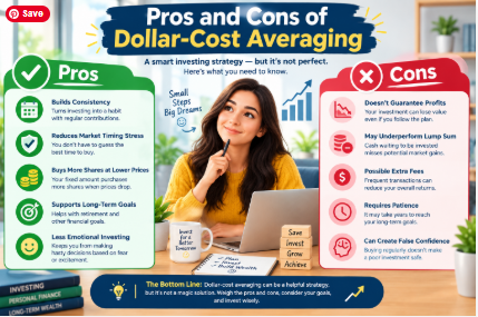 Pros and cons of dollar-cost averaging, showing the benefits of regular investing and the risks of market losses, fees, and lower returns.