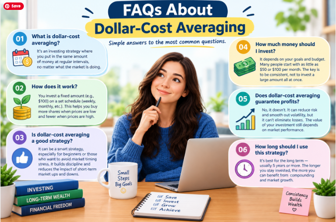 FAQs about dollar-cost averaging explaining how it works, how much to invest, investment risks, and long-term benefits for beginners.