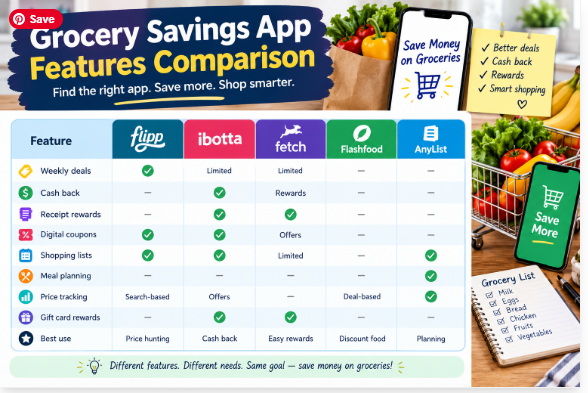 Grocery savings app features comparison showing Flipp, Ibotta, Fetch, Flashfood, and AnyList for deals, cash back, rewards, coupons, shopping lists, and meal planning