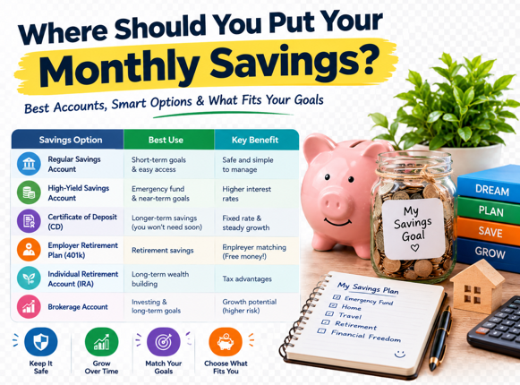 Where to put your monthly savings, comparing regular savings accounts, high-yield savings accounts, CDs, 401(k)s, IRAs, and brokerage accounts.