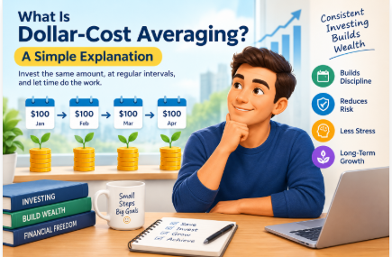 Dollar-cost averaging explained with a monthly $100 investing example, showing how regular stock market investments help beginners build consistent investing habits.
